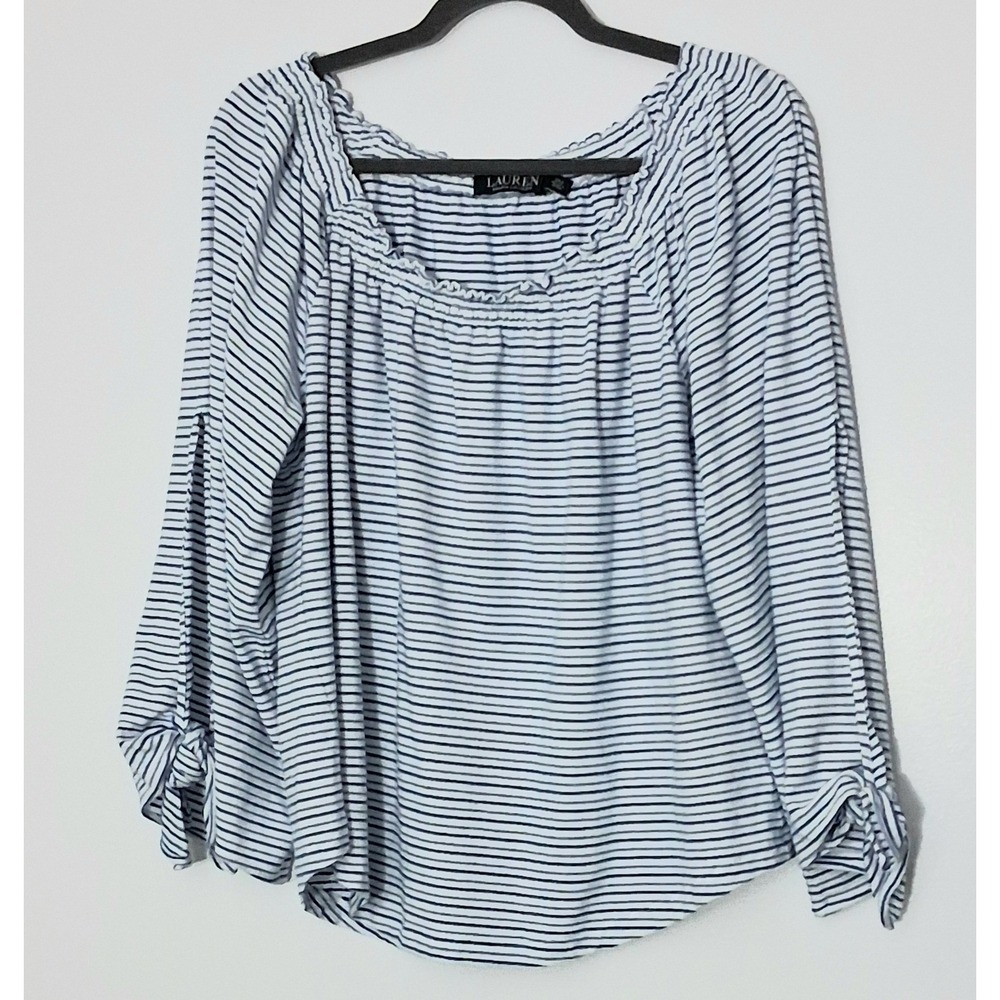 Lauren Ralph Lauren Blouse Women's Size XL Blue & White Striped Wide Arm Ties